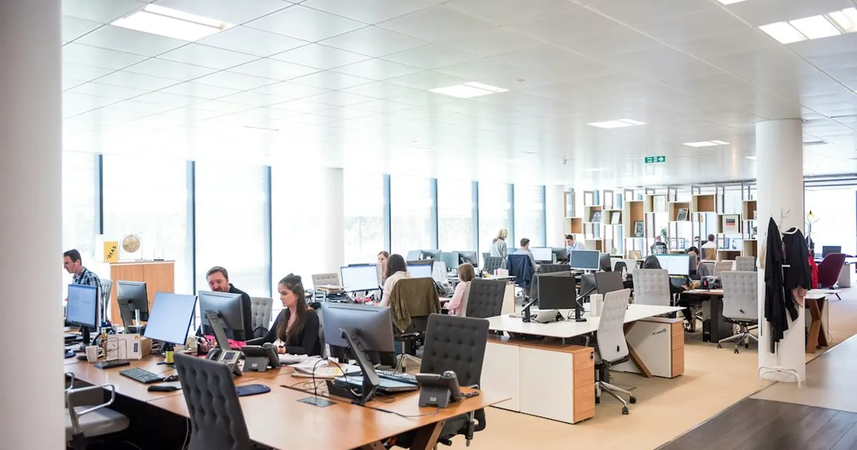 people working at desks in open office