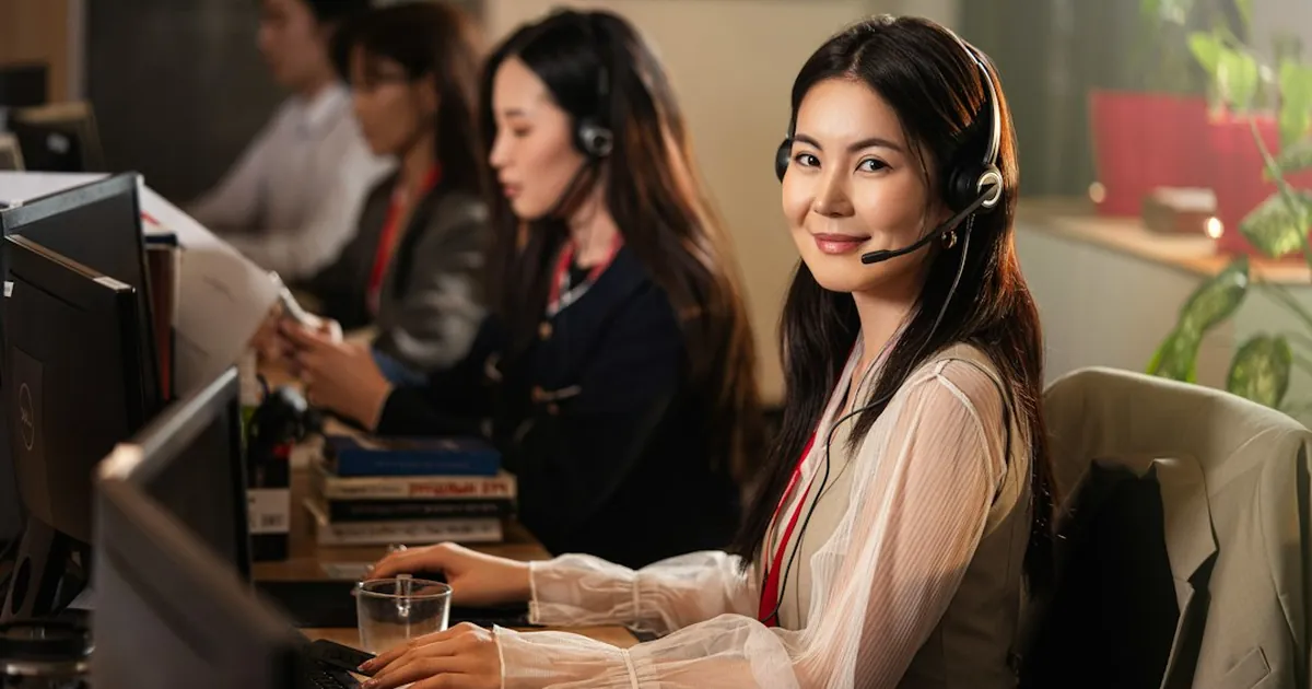 A smiling woman wearing a headset at a computer